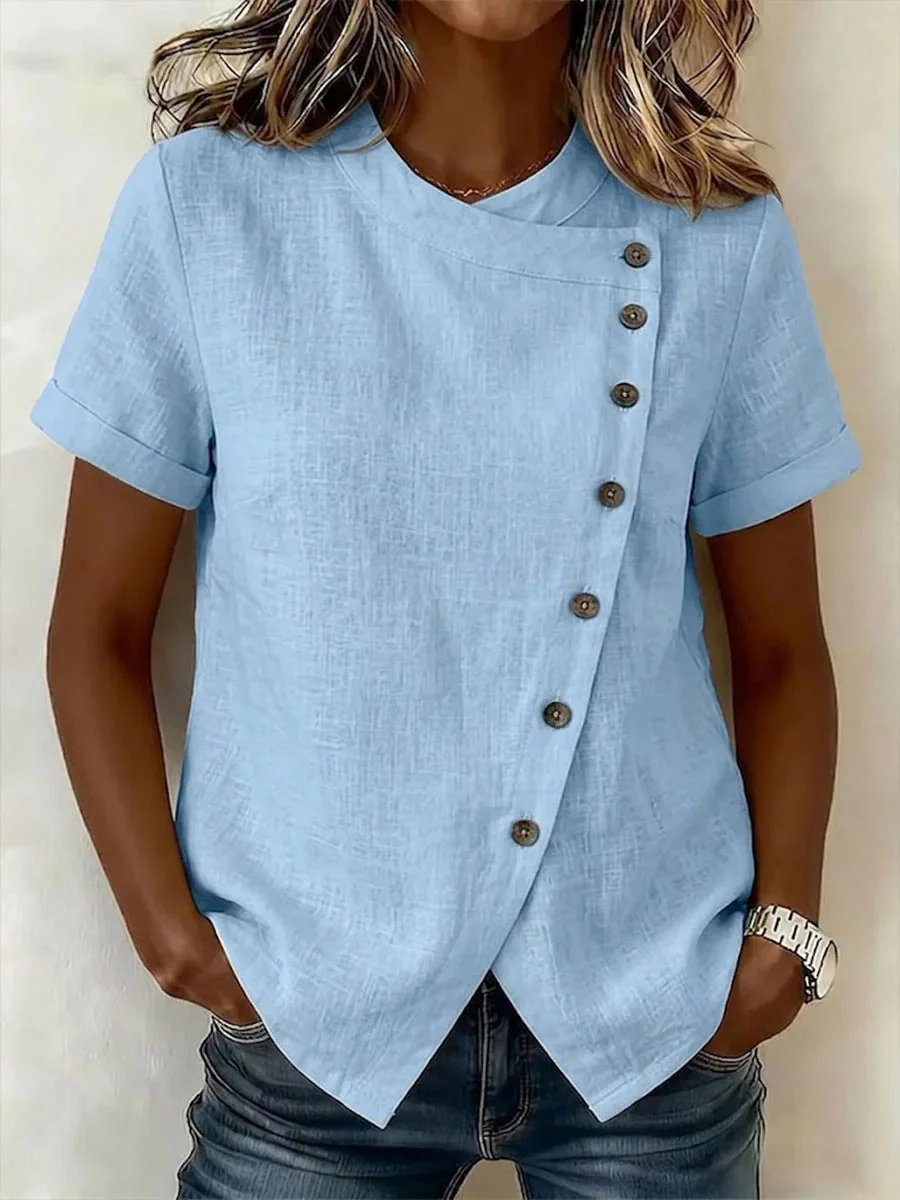 Women's Cross-Neckline Asymmetrical Hem Cotton Linen Top – Loose Fit - Image 9