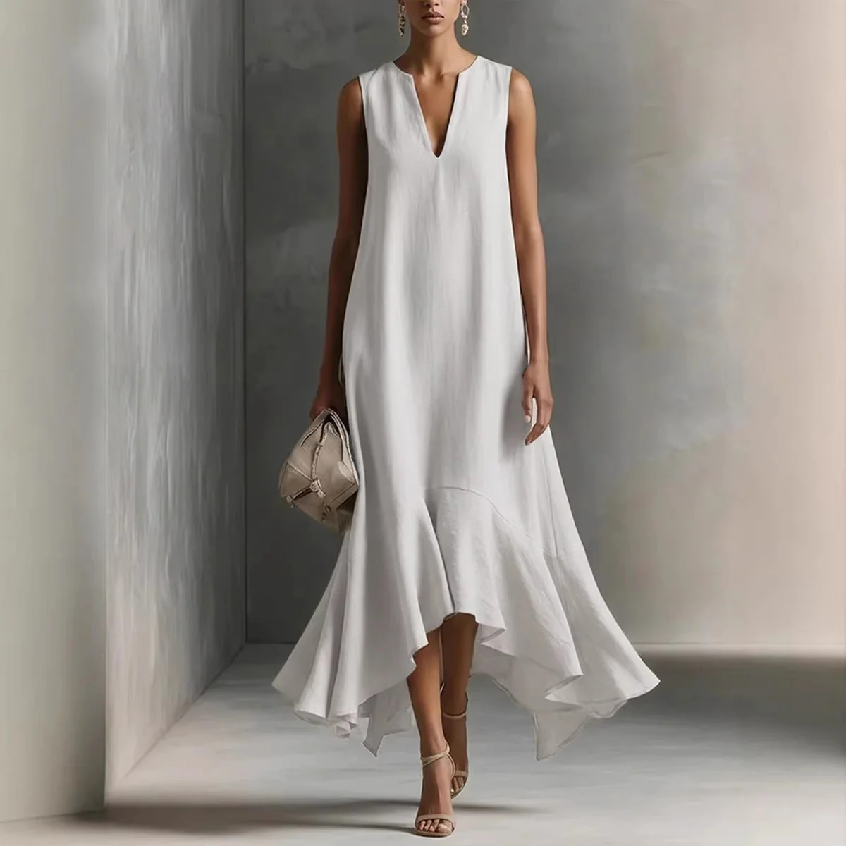 Women's Deep V-Neck Sleeveless Asymmetrical Maxi Dress – Patchwork - Image 3