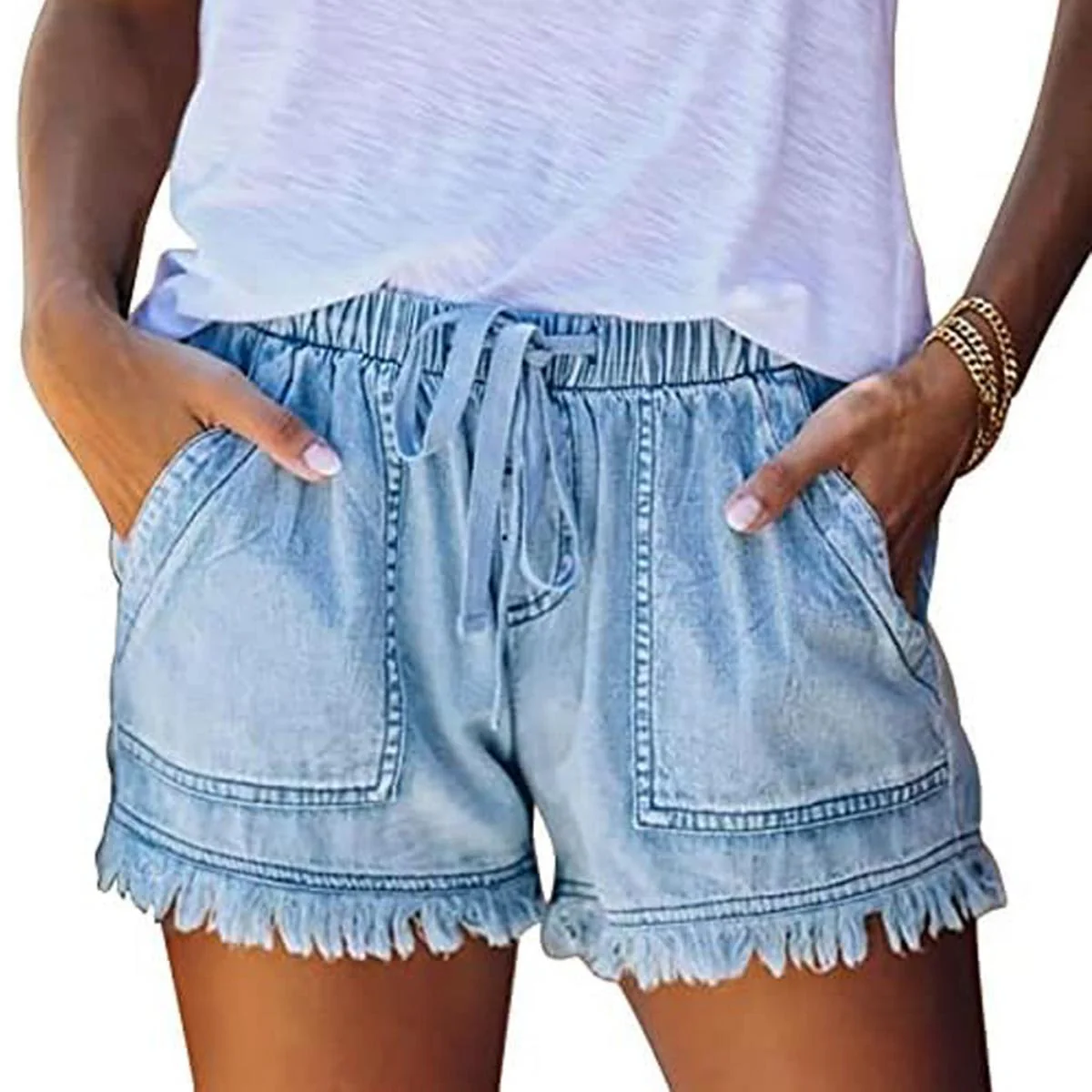 Women's Drawstring Waist Frayed Hem Denim Shorts - Image 5