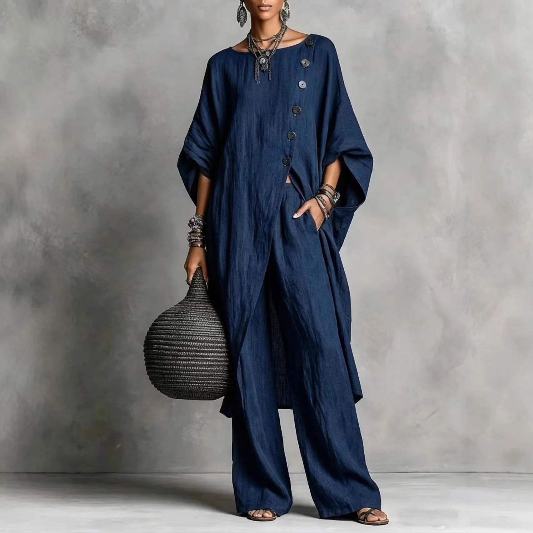 Women's Drop Shoulder Three-Quarter Sleeve Irregular Shirt & Pants Set - Image 4