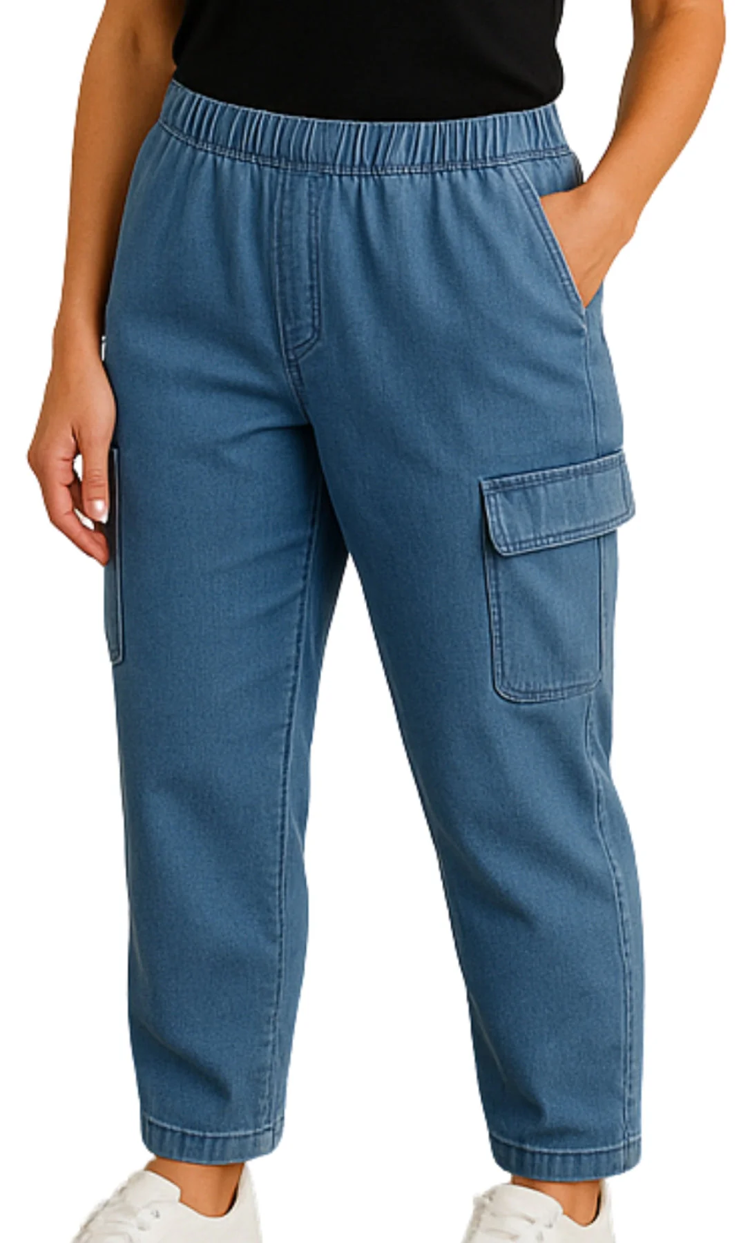 Women's Elastic Stretch Waist Casual Denim Pull-on Cargo Pants - Image 24