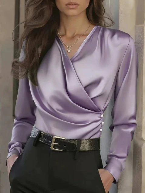 Women's Elegant Cross V-Neck Blouse, Ruffle Detail Button Accent Office Shirt - Image 22