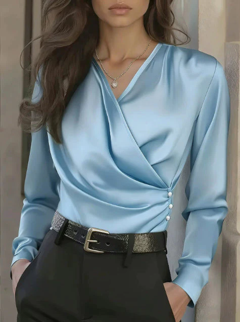 Women's Elegant Cross V-Neck Blouse, Ruffle Detail Button Accent Office Shirt - Image 45