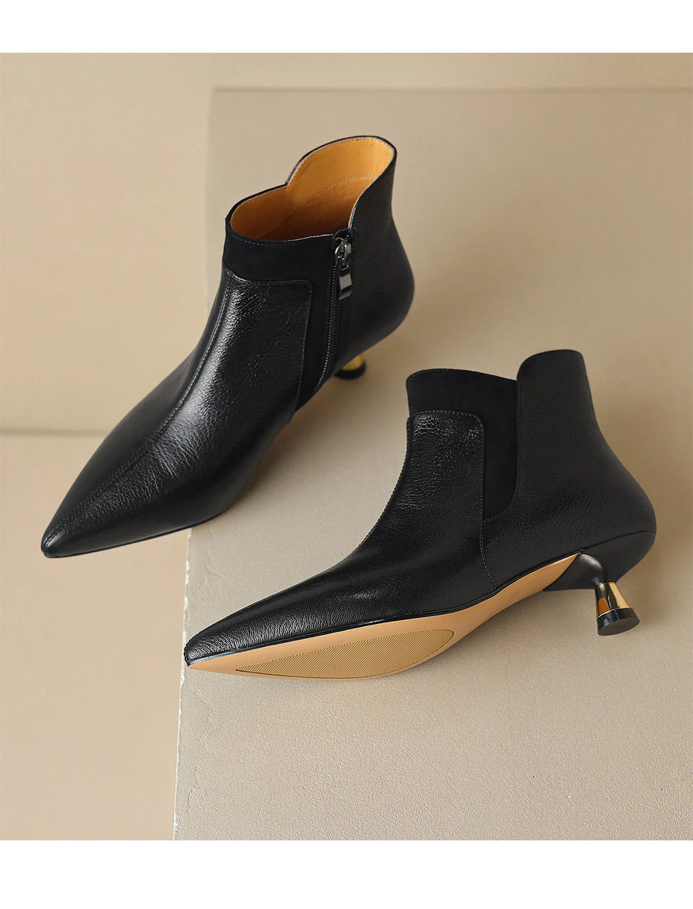 Women's Genuine Leather Kitten Heel Ankle Boots – Pointed Toe Side Zip - Image 2