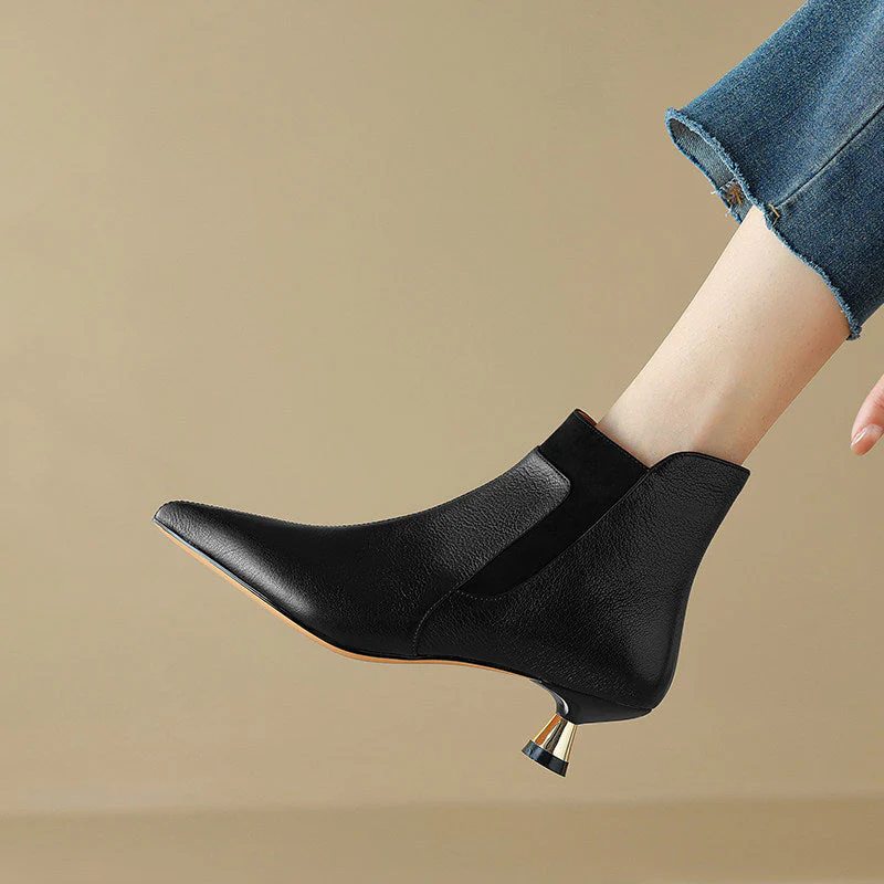Women's Genuine Leather Kitten Heel Ankle Boots – Pointed Toe Side Zip - Image 5