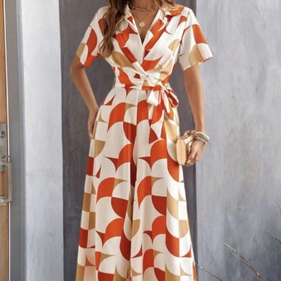 Women's Geometric Pattern Printed Lace Up Shirt Jumpsuit - Image 5