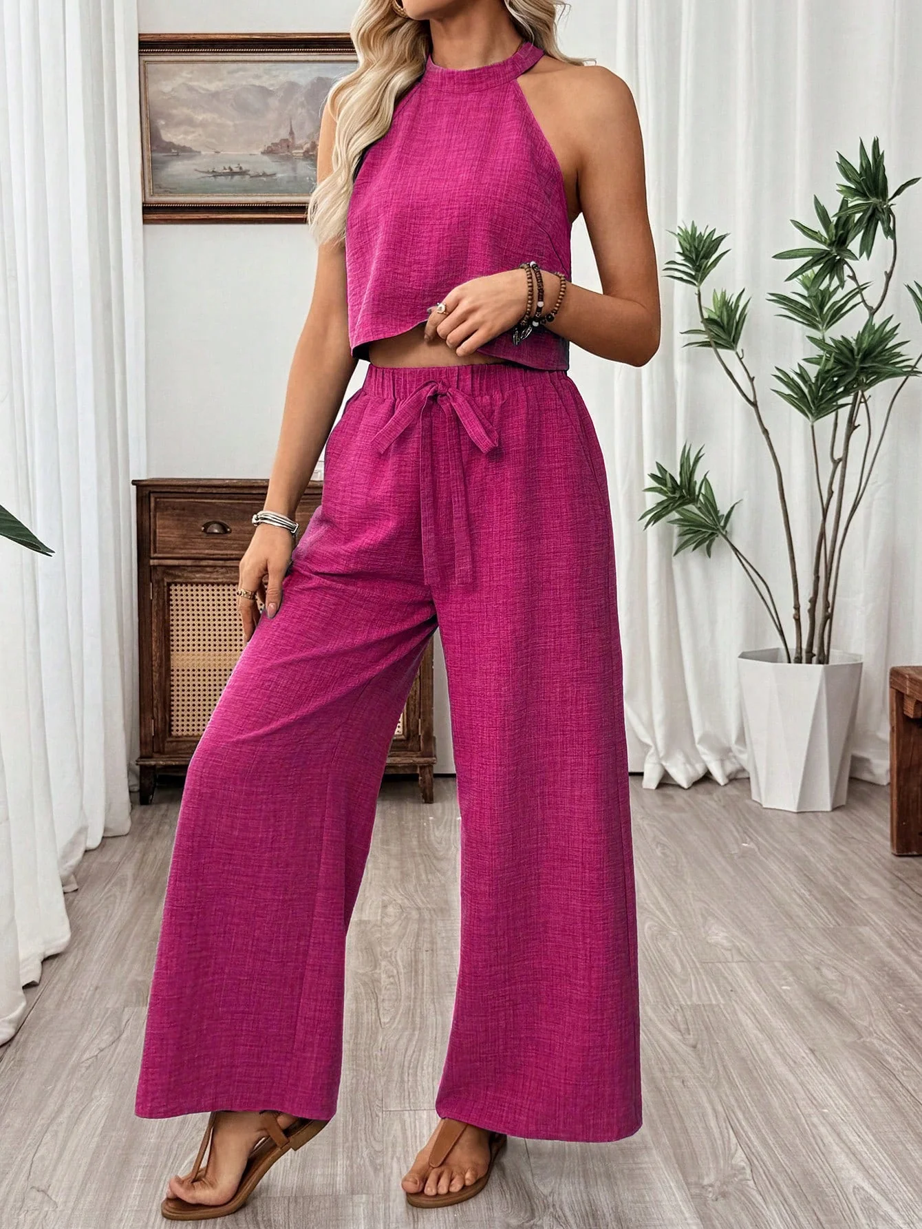 Women's Halter Neck Cropped Top & Wide-Leg Pants Two-Piece Set - Image 10