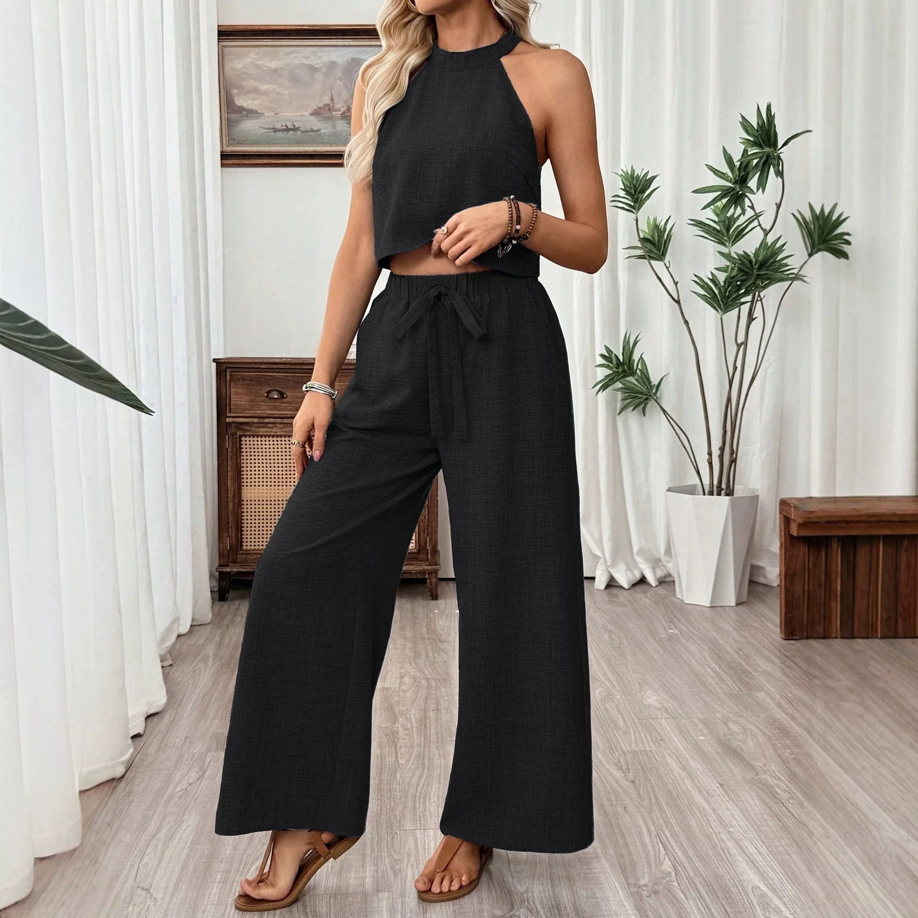 Women's Halter Neck Cropped Top & Wide-Leg Pants Two-Piece Set - Image 5