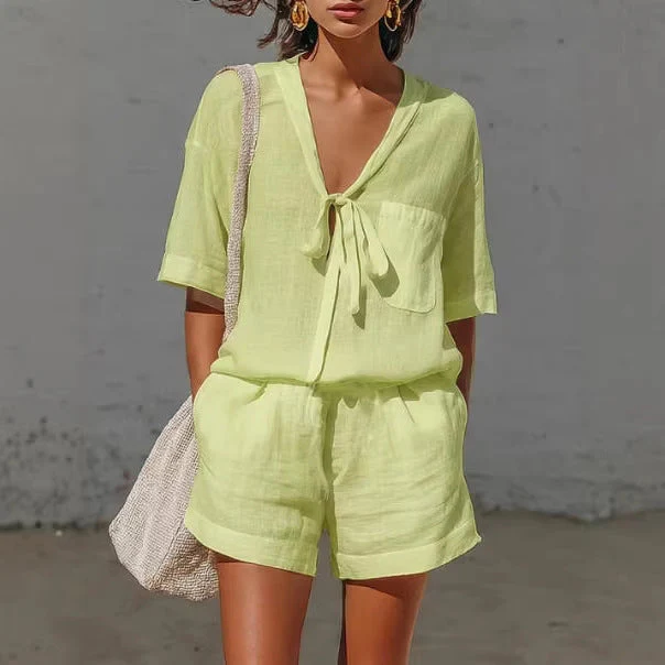 Women's Lace-Up Short-Sleeve Shirt & Loose Shorts Set – Casual Summer Co-Ord - Image 4
