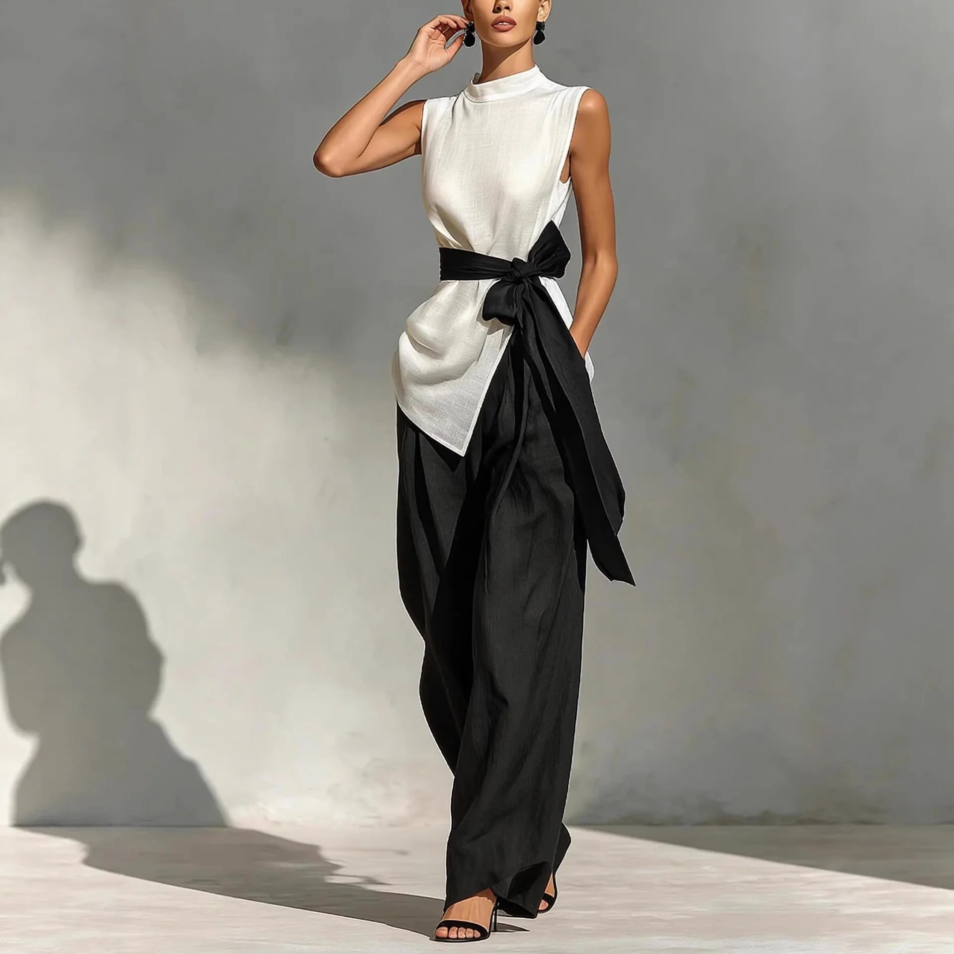 Women's Lace-Up Sleeveless Top & Wide-Leg Pants Two-Piece Set – White - Image 3