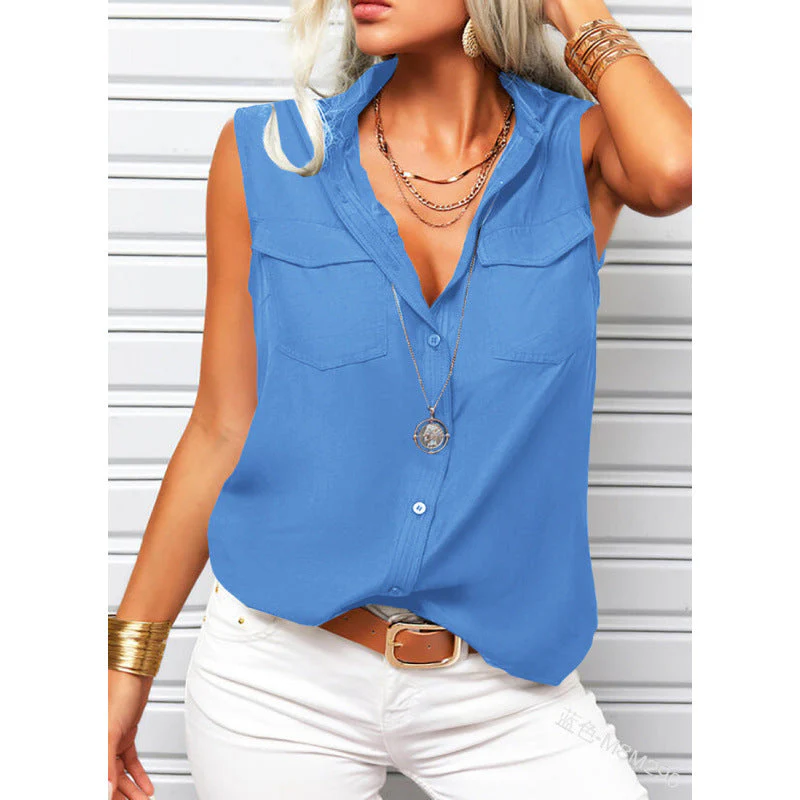 Women's Lapel Collar Sleeveless Top – Loose Fit, Pockets, Solid Color - Image 10