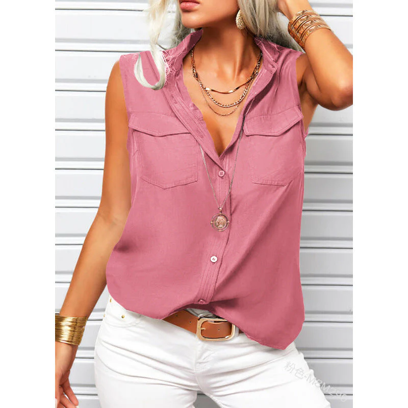 Women's Lapel Collar Sleeveless Top – Loose Fit, Pockets, Solid Color - Image 17