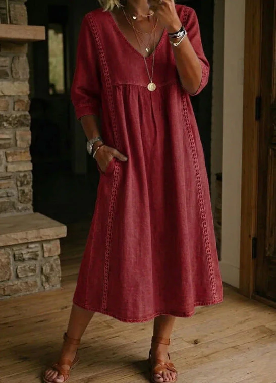 Women's Linen Cotton V-Neck Dress – Lace Trim, Loose Fit, 7 Colors - Image 7