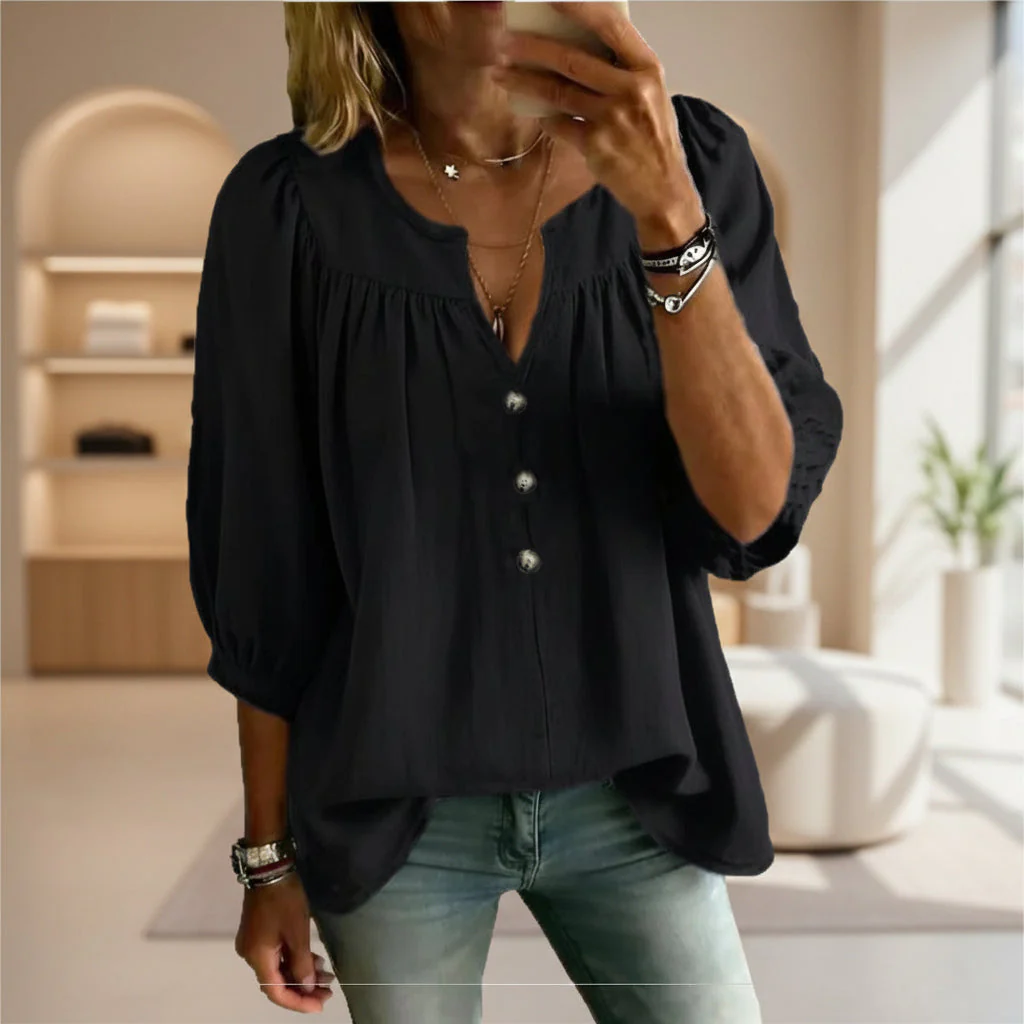 Women's Linen Three-Quarter Sleeve Buttoned T-Shirt – Loose Fit, Casual Chic - Image 5