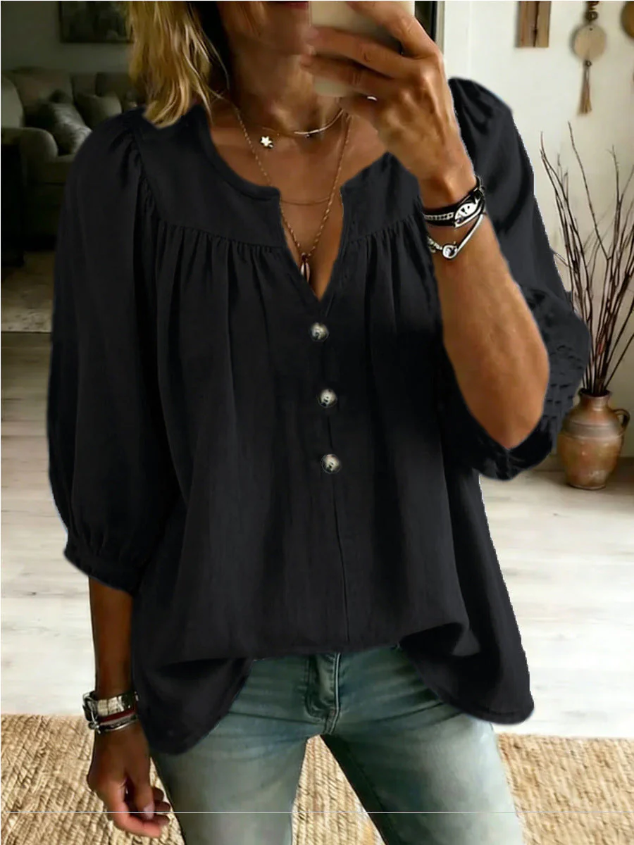 Women's Linen Three-Quarter Sleeve Buttoned T-Shirt – Loose Fit, Casual Chic - Image 6