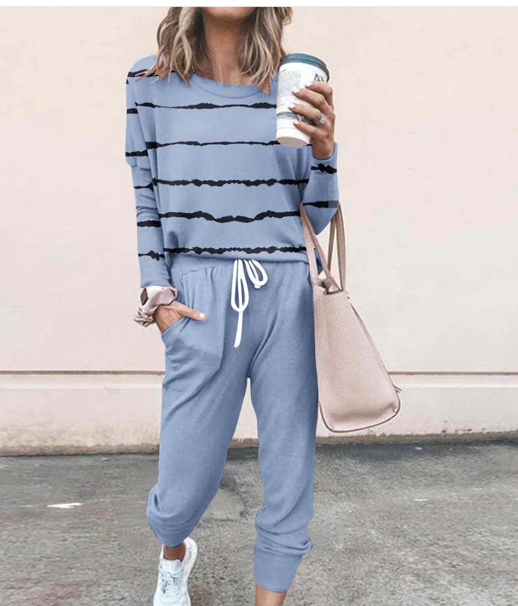 Women's Long Sleeve T-Shirt & Pencil Pants Set – Loose Fit, Striped & Solid - Image 3