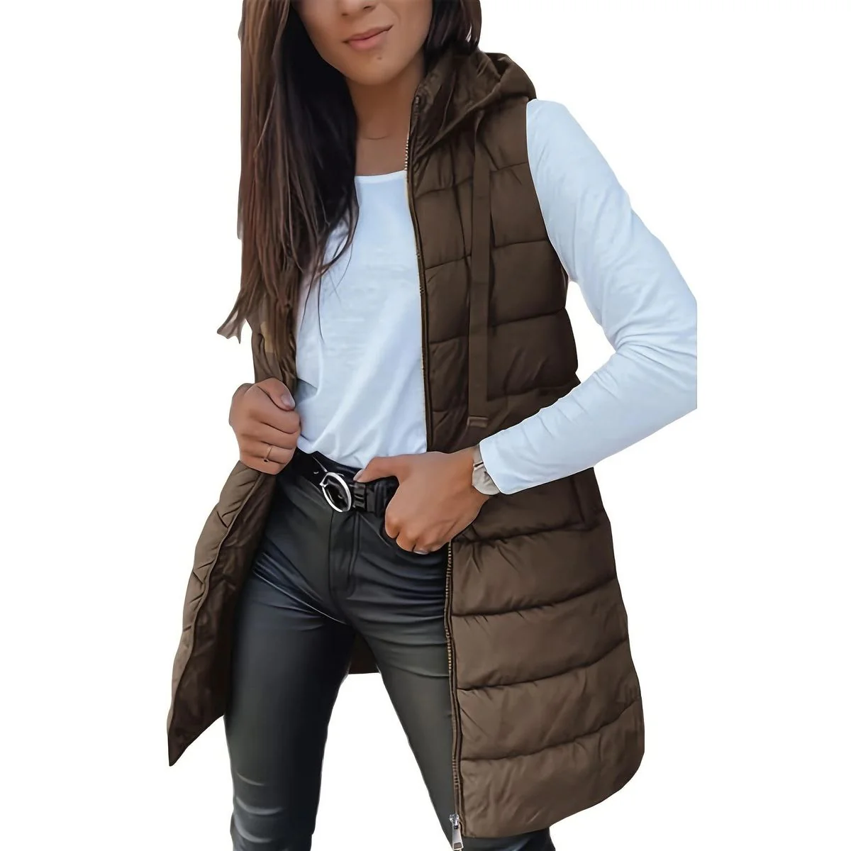 Women's Longline Quilted Puffer Vest with Fixed Hood - Zipper Sleeveless Outerwear - Image 8