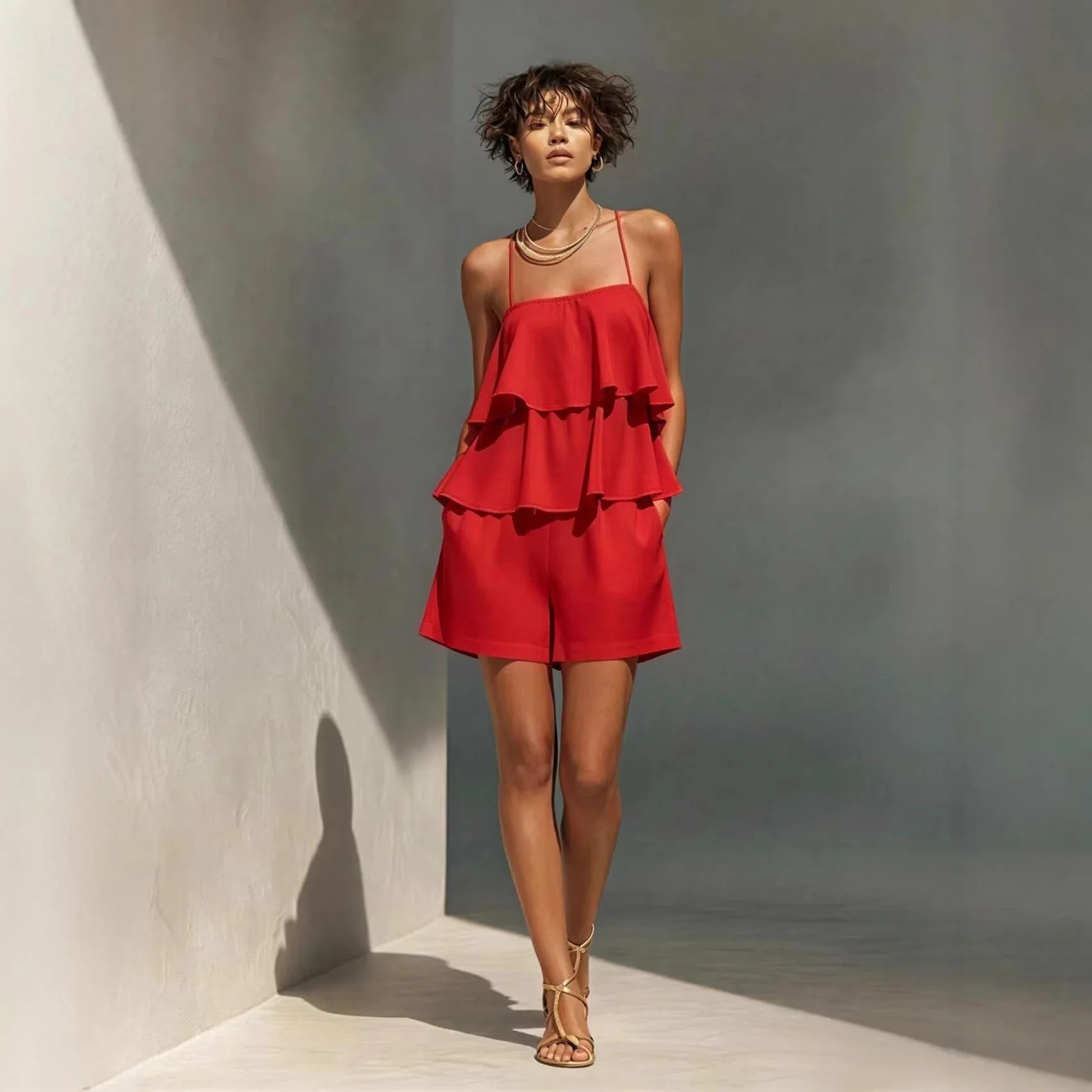 Women's Multi-Layer Ruffle Camisole & Shorts Set - Image 4