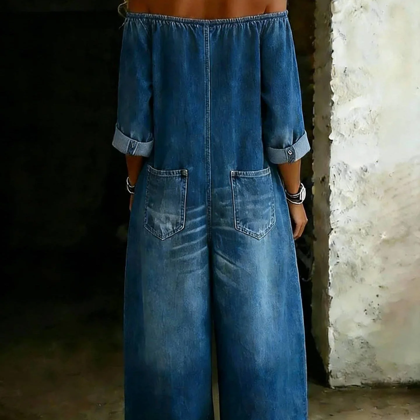 Women's Off-Shoulder Washed Faux Denim Strap Overalls Jumpsuit - Image 2