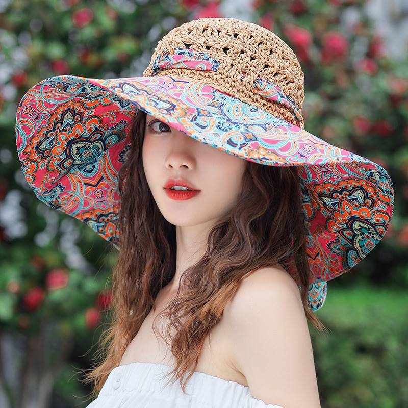 Women's Patterned Straw Beach Sun Hat – Round Crown UV Protection Summer Hat - Image 12