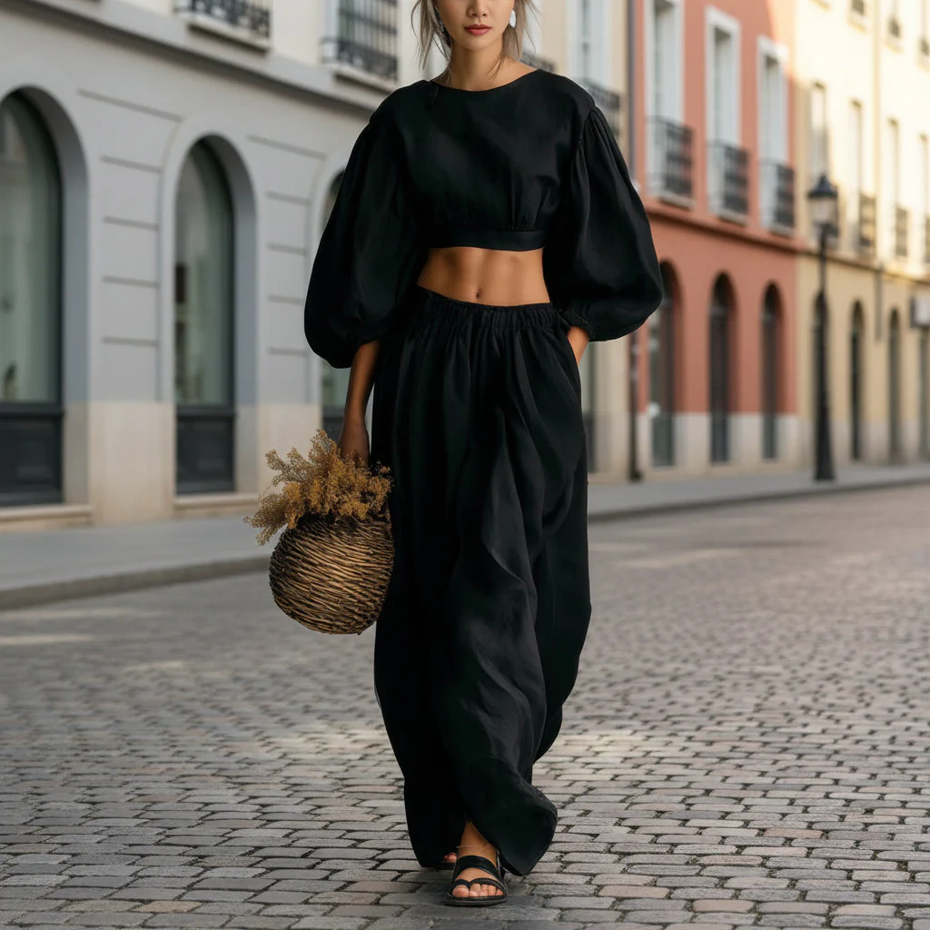 Women's Puff-Sleeve Crew-Neck Two-Piece Set with Pockets - Image 4