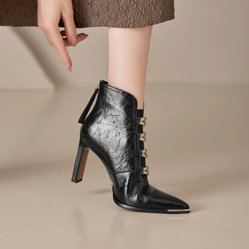 Women's Satin Pointed Toe Chunky Heel Short Boots – Ultra High Heel - Image 2