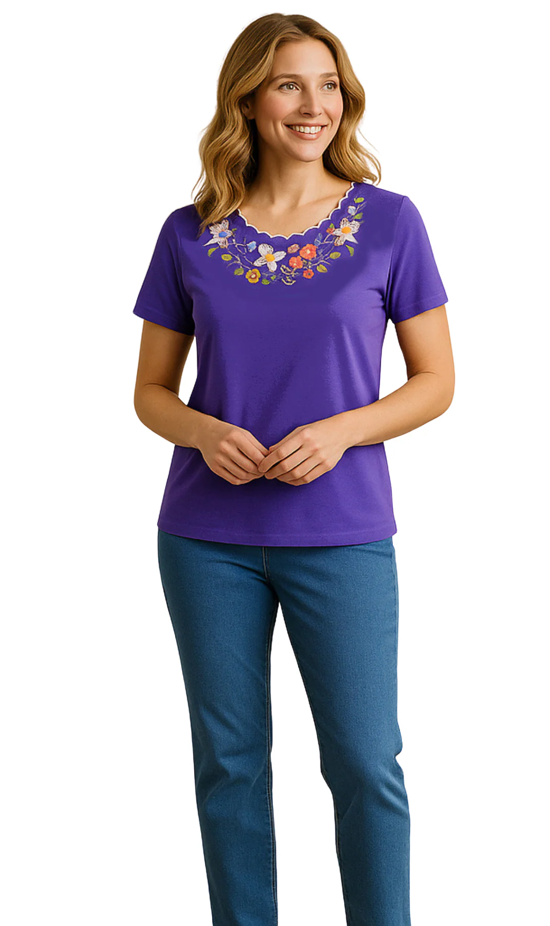 Women's Scalloped Neckline Embellished Tee - Image 9