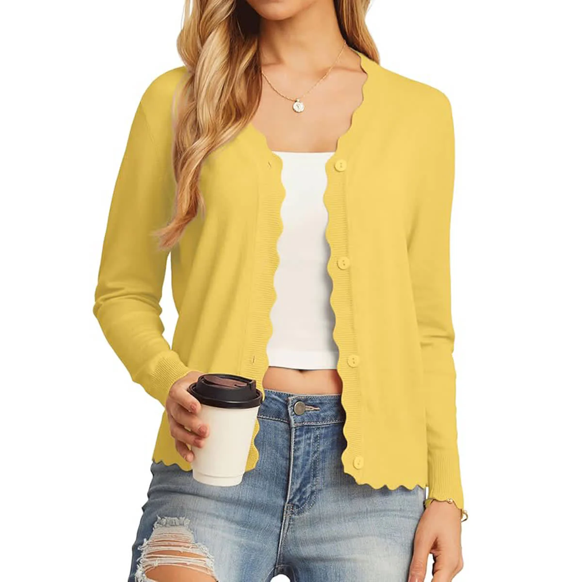 Women's Scalloped V-Neck Knit Cardigan - Lightweight Long Sleeve Button Down Sweater - Image 11