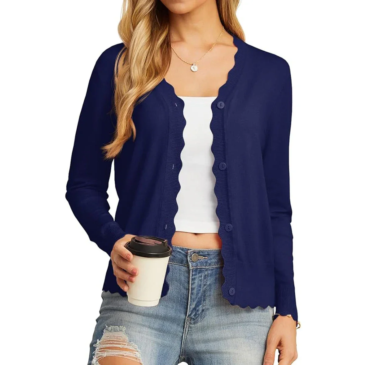 Women's Scalloped V-Neck Knit Cardigan - Lightweight Long Sleeve Button Down Sweater - Image 20