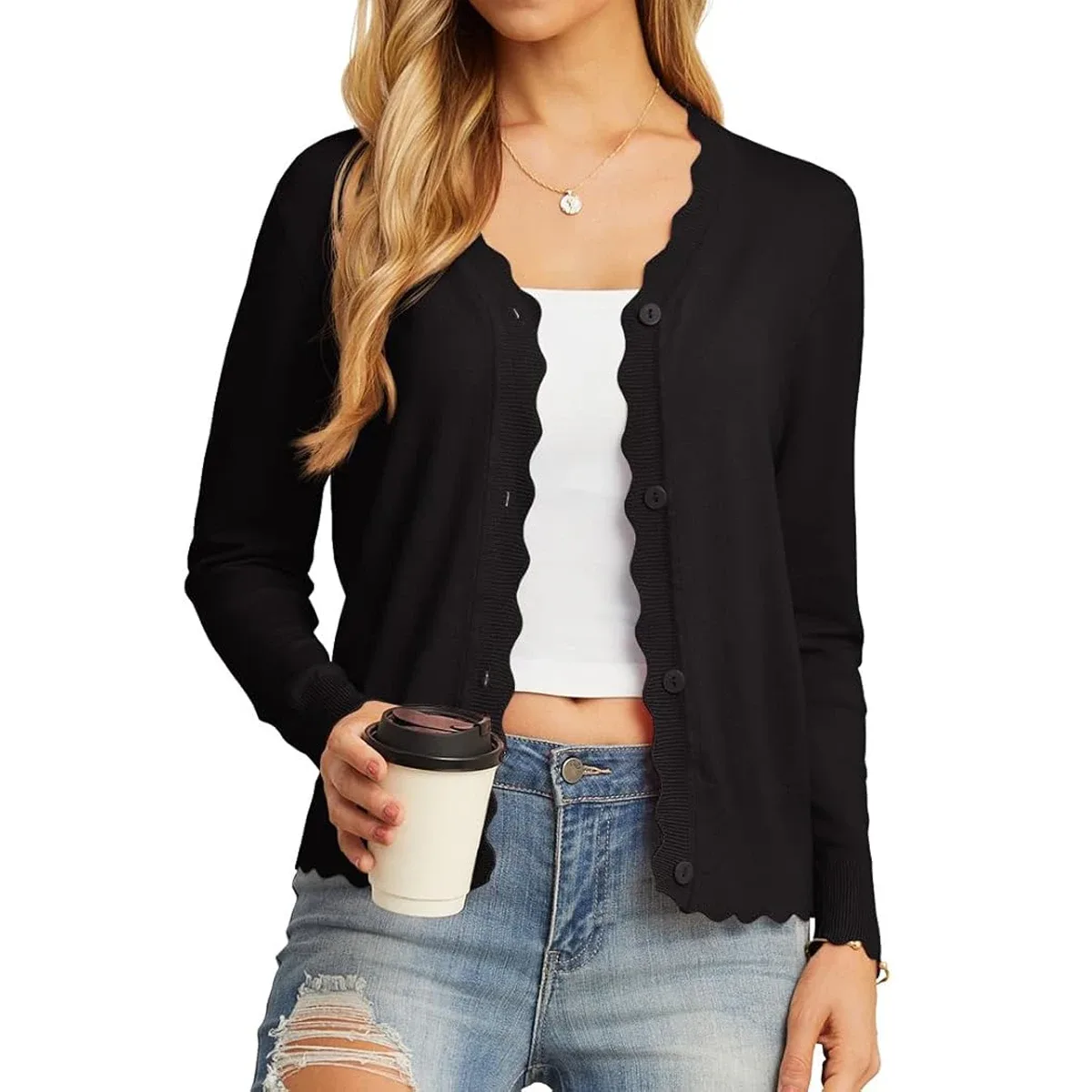 Women's Scalloped V-Neck Knit Cardigan - Lightweight Long Sleeve Button Down Sweater - Image 36