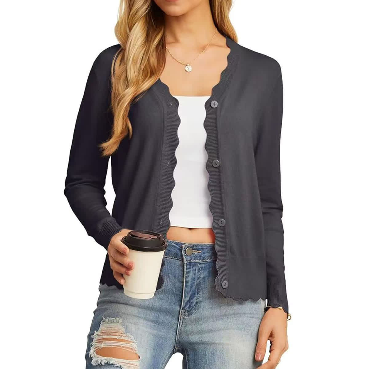 Women's Scalloped V-Neck Knit Cardigan - Lightweight Long Sleeve Button Down Sweater - Image 42