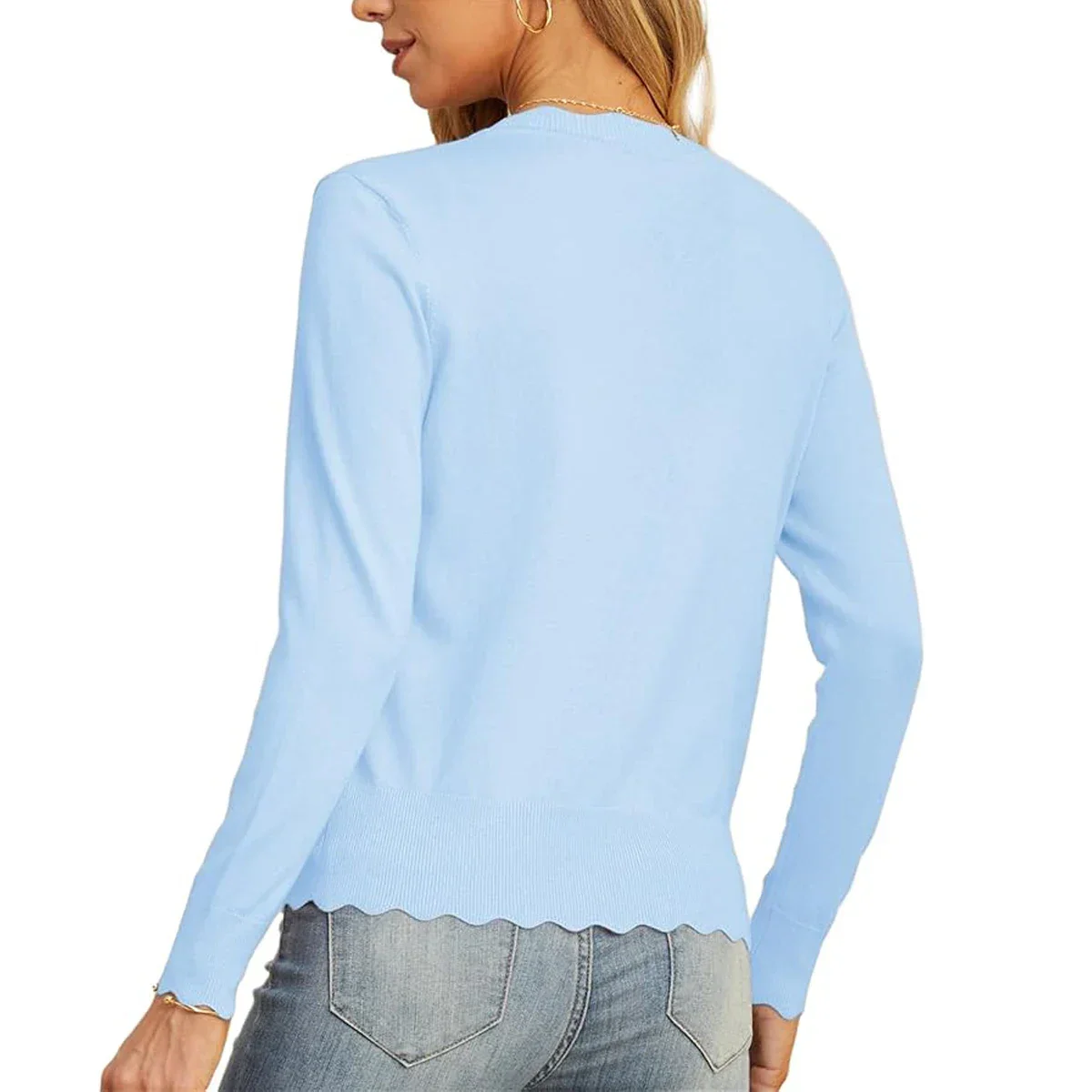 Women's Scalloped V-Neck Knit Cardigan - Lightweight Long Sleeve Button Down Sweater - Image 51