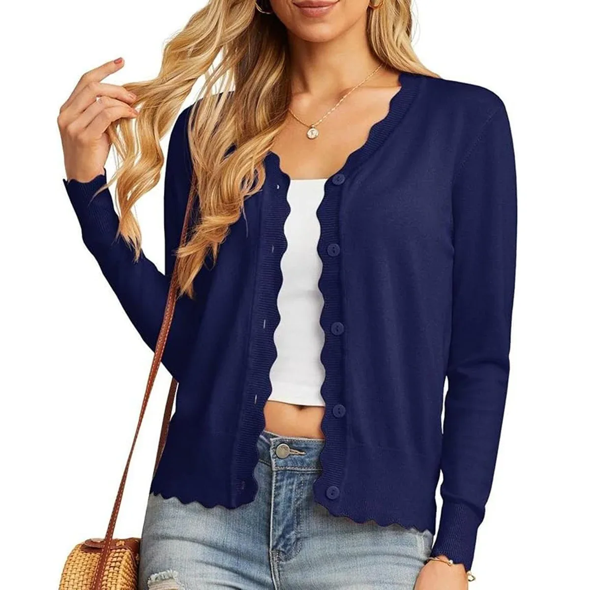 Women's Scalloped V-Neck Knit Cardigan - Lightweight Long Sleeve Button Down Sweater - Image 57