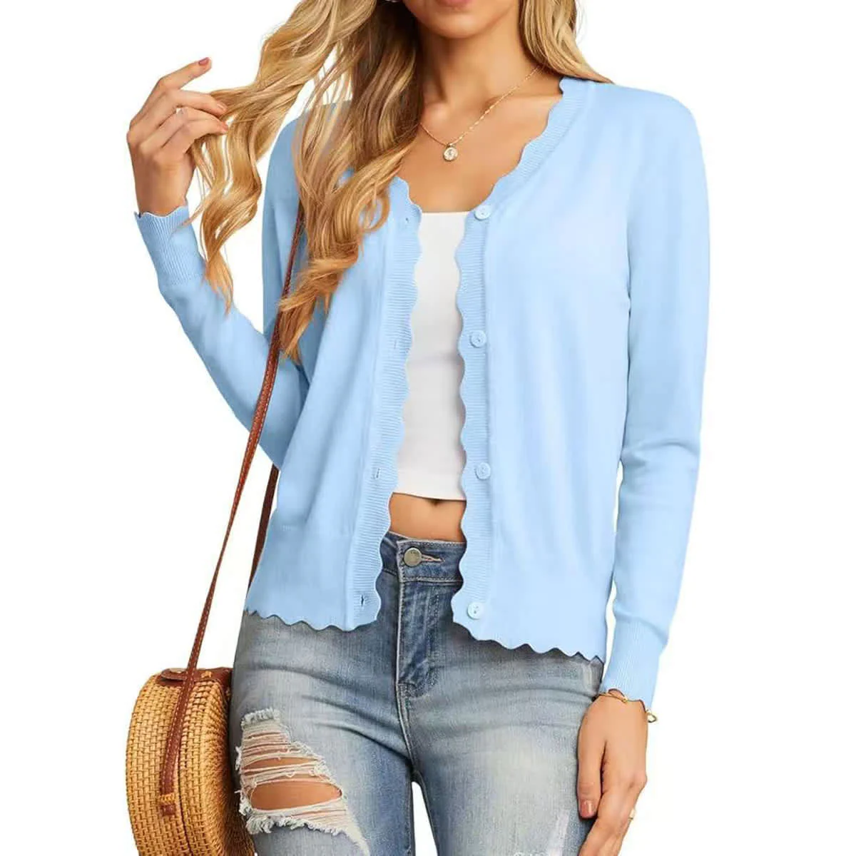 Women's Scalloped V-Neck Knit Cardigan - Lightweight Long Sleeve Button Down Sweater - Image 6