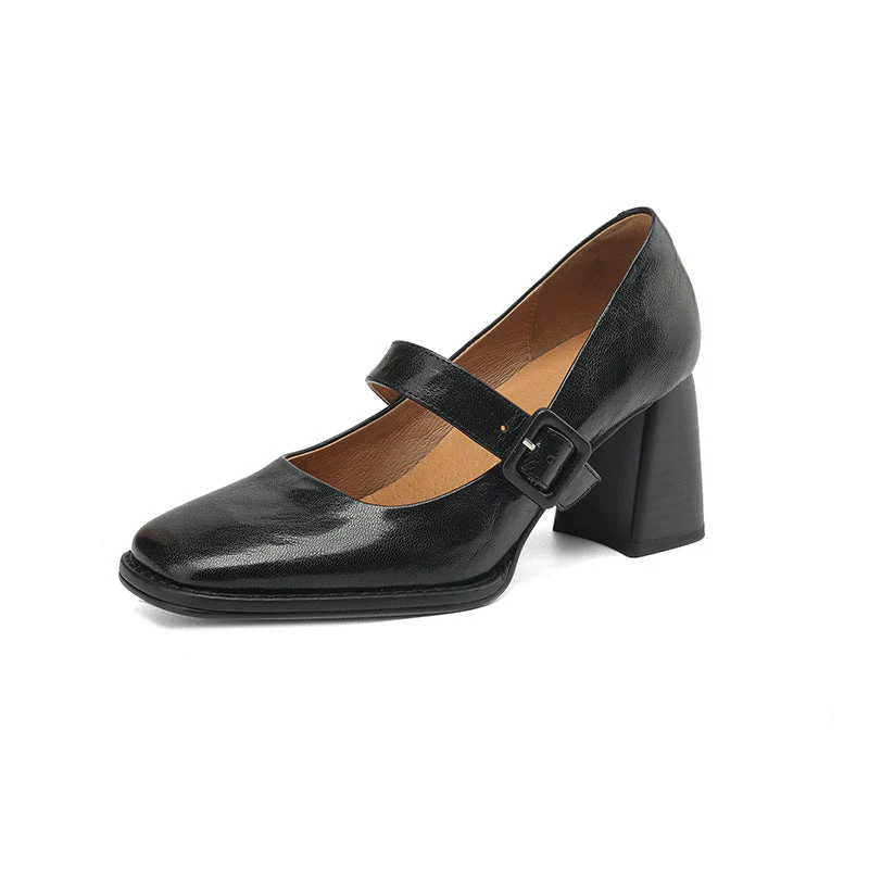 Women's Sheepskin Mary Jane Heels – Square Toe Chunky Heel Buckle Pumps - Image 5