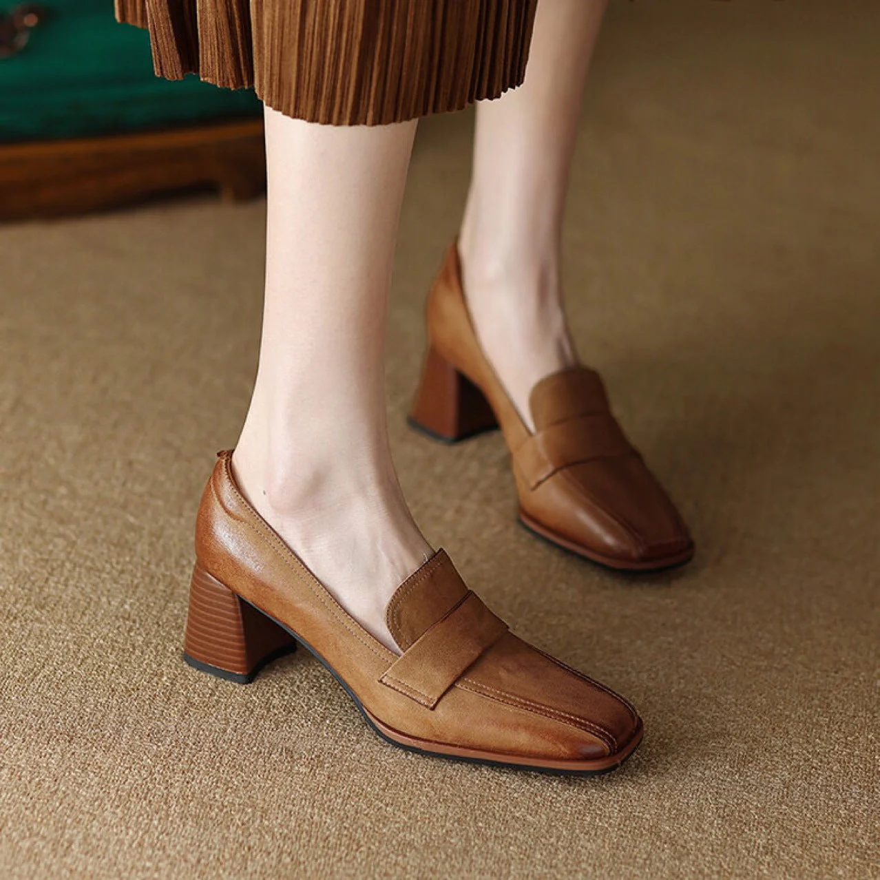 Women's Sheepskin Square Toe Chunky Heel Pumps – Retro High Heel Dress Shoes - Image 2