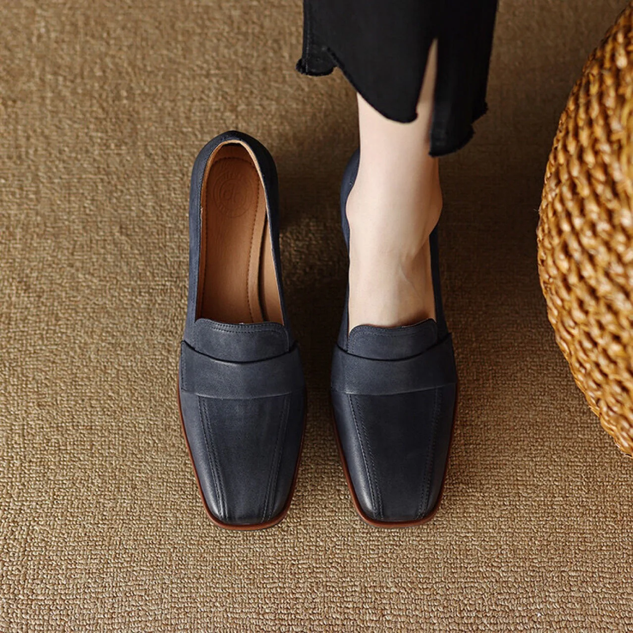 Women's Sheepskin Square Toe Chunky Heel Pumps – Retro High Heel Dress Shoes - Image 3