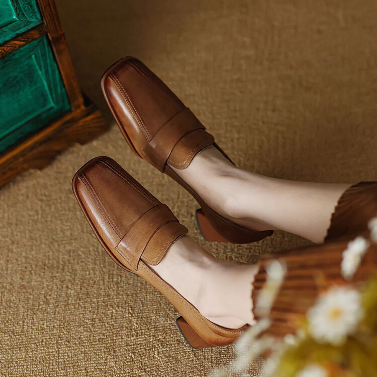 Women's Sheepskin Square Toe Chunky Heel Pumps – Retro High Heel Dress Shoes - Image 4