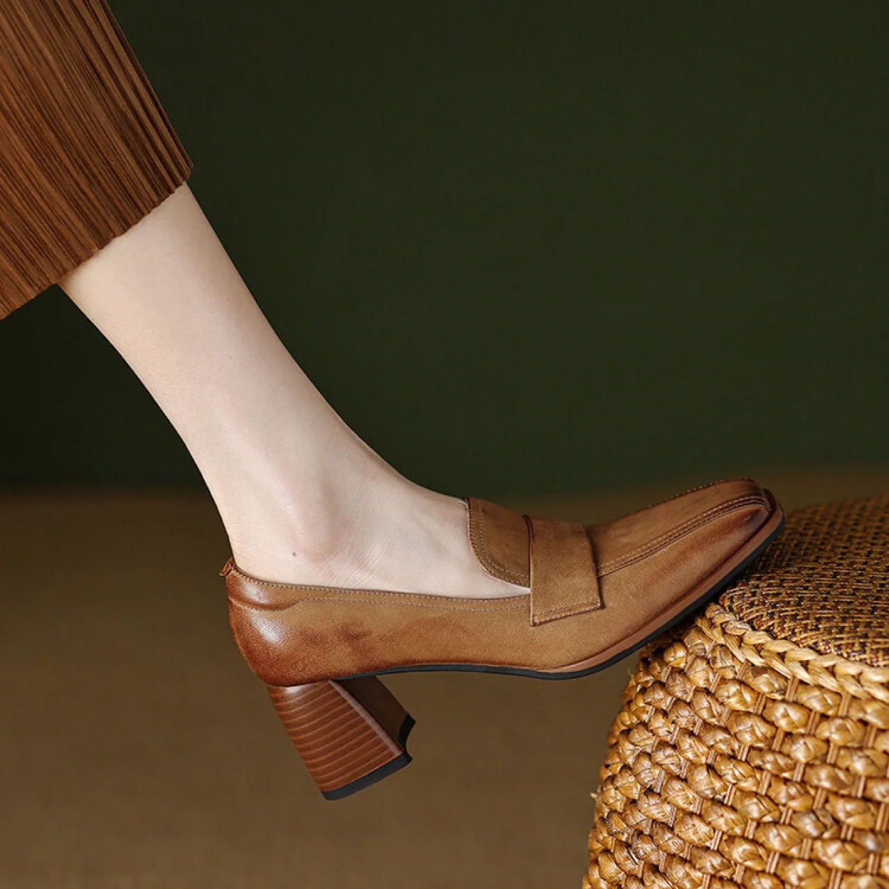 Women's Sheepskin Square Toe Chunky Heel Pumps – Retro High Heel Dress Shoes - Image 6