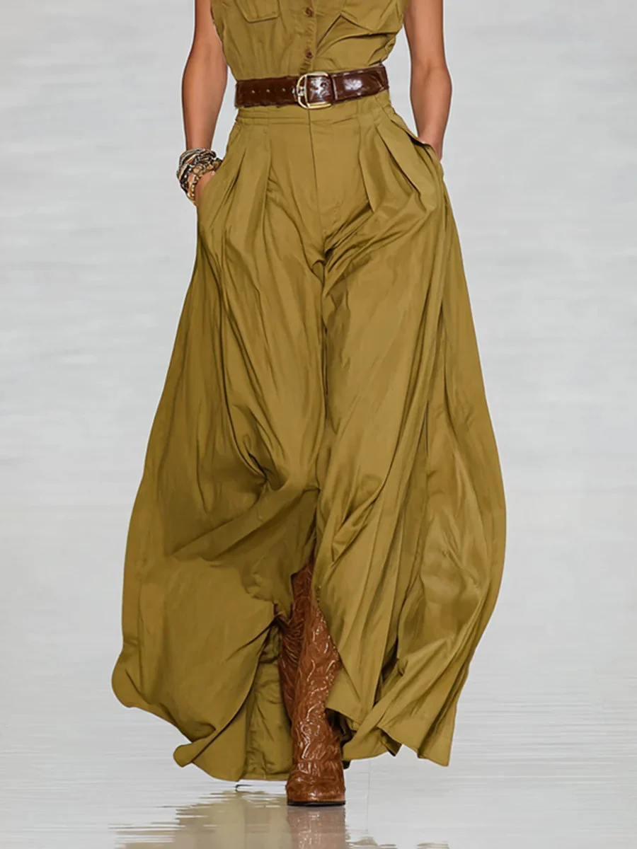 Women's Short-Sleeve Shirt Maxi Dress With Pockets – A-Line Stand Collar - Image 3