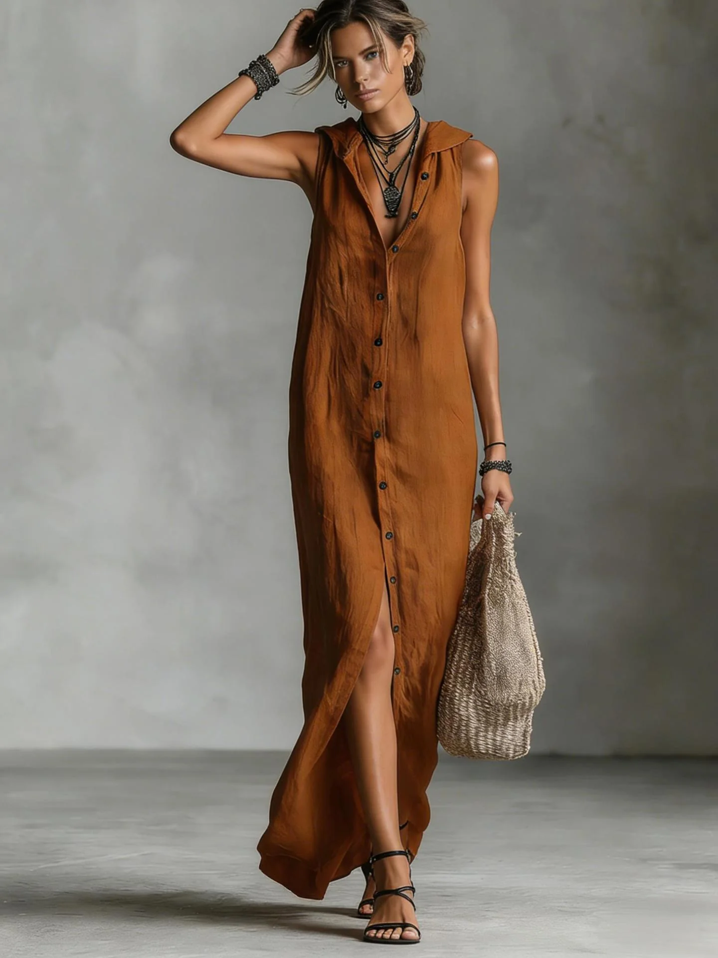 Women's Sleeveless Deep V-Neck Hooded Loose Maxi Dress – 6 Colors XS–3XL - Image 8