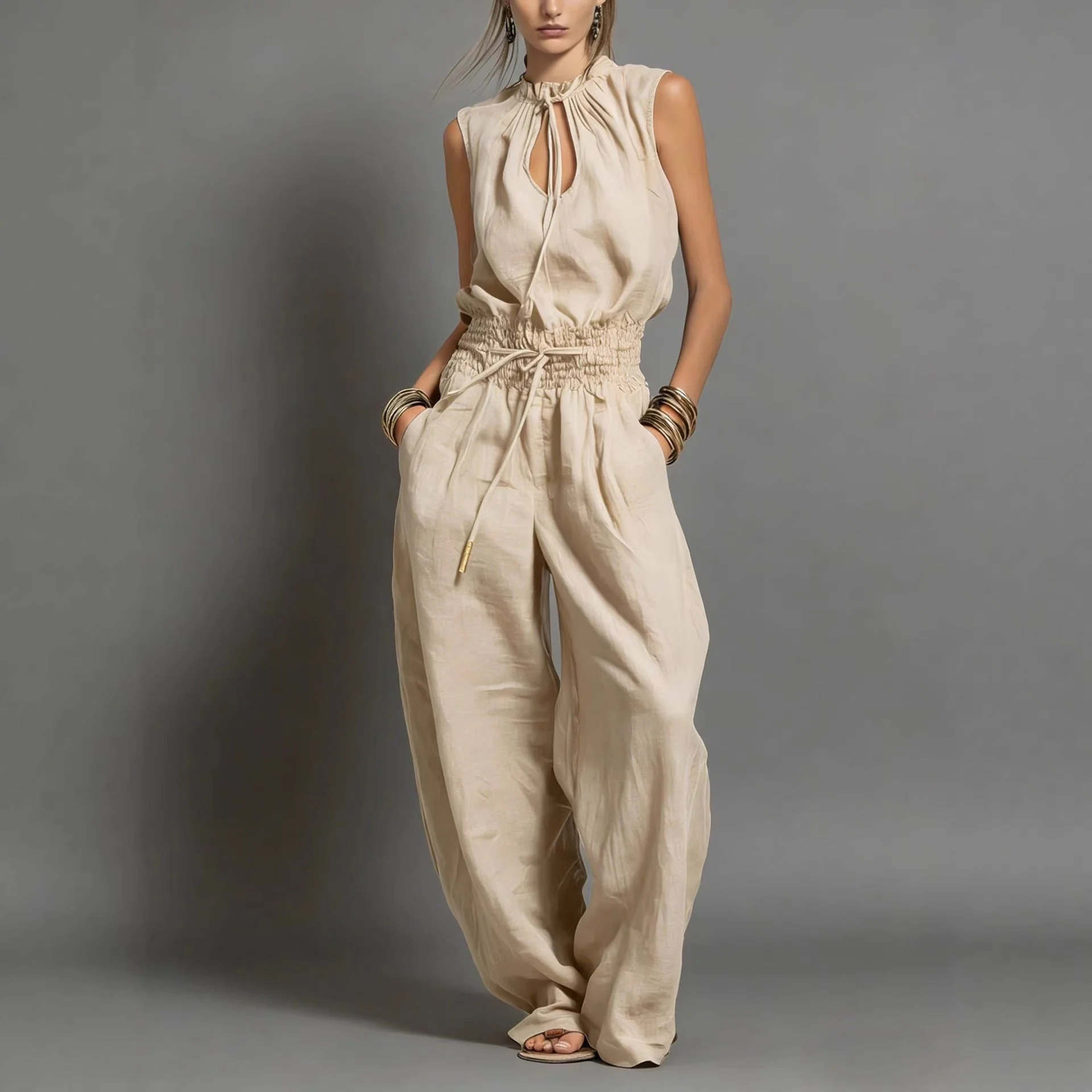 Women's Sleeveless High-Waist Wide-Leg Pleated Jumpsuit - Image 3