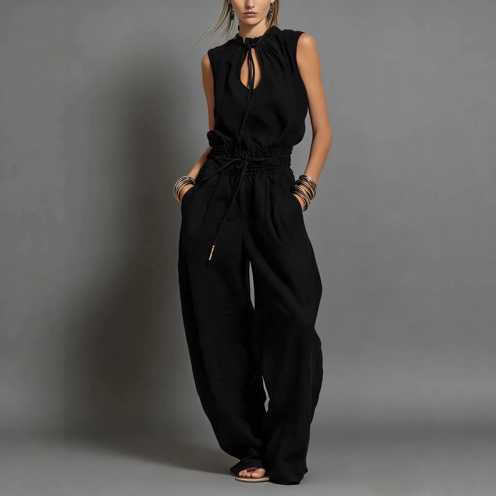 Women's Sleeveless High-Waist Wide-Leg Pleated Jumpsuit - Image 4