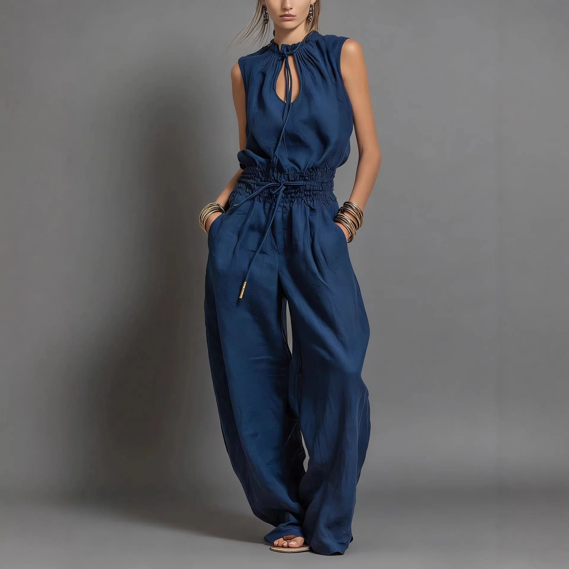 Women's Sleeveless High-Waist Wide-Leg Pleated Jumpsuit - Image 5