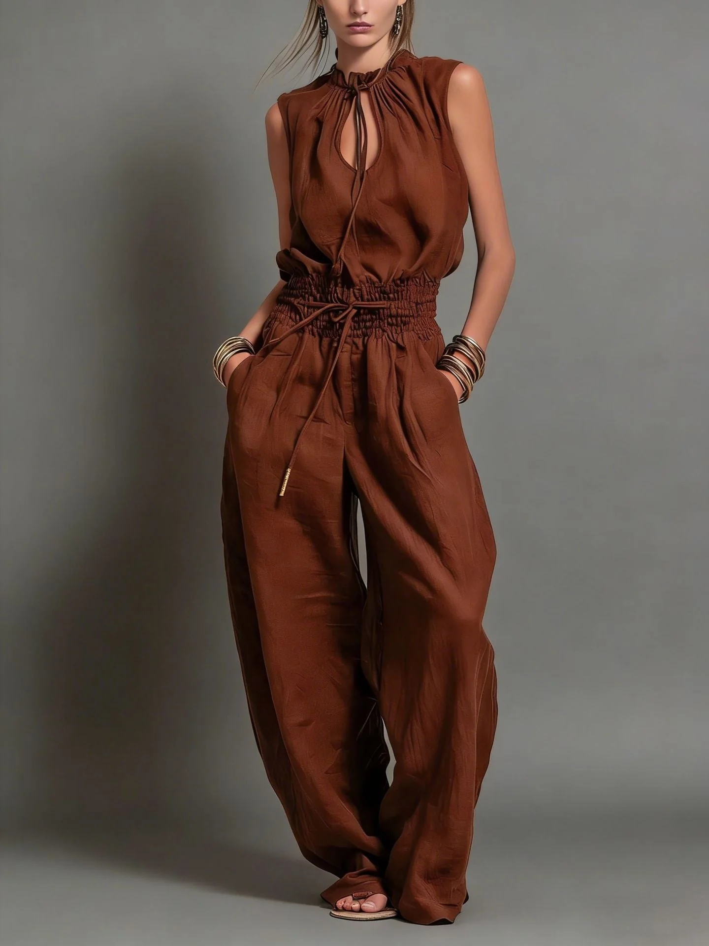 Women's Sleeveless High-Waist Wide-Leg Pleated Jumpsuit - Image 6