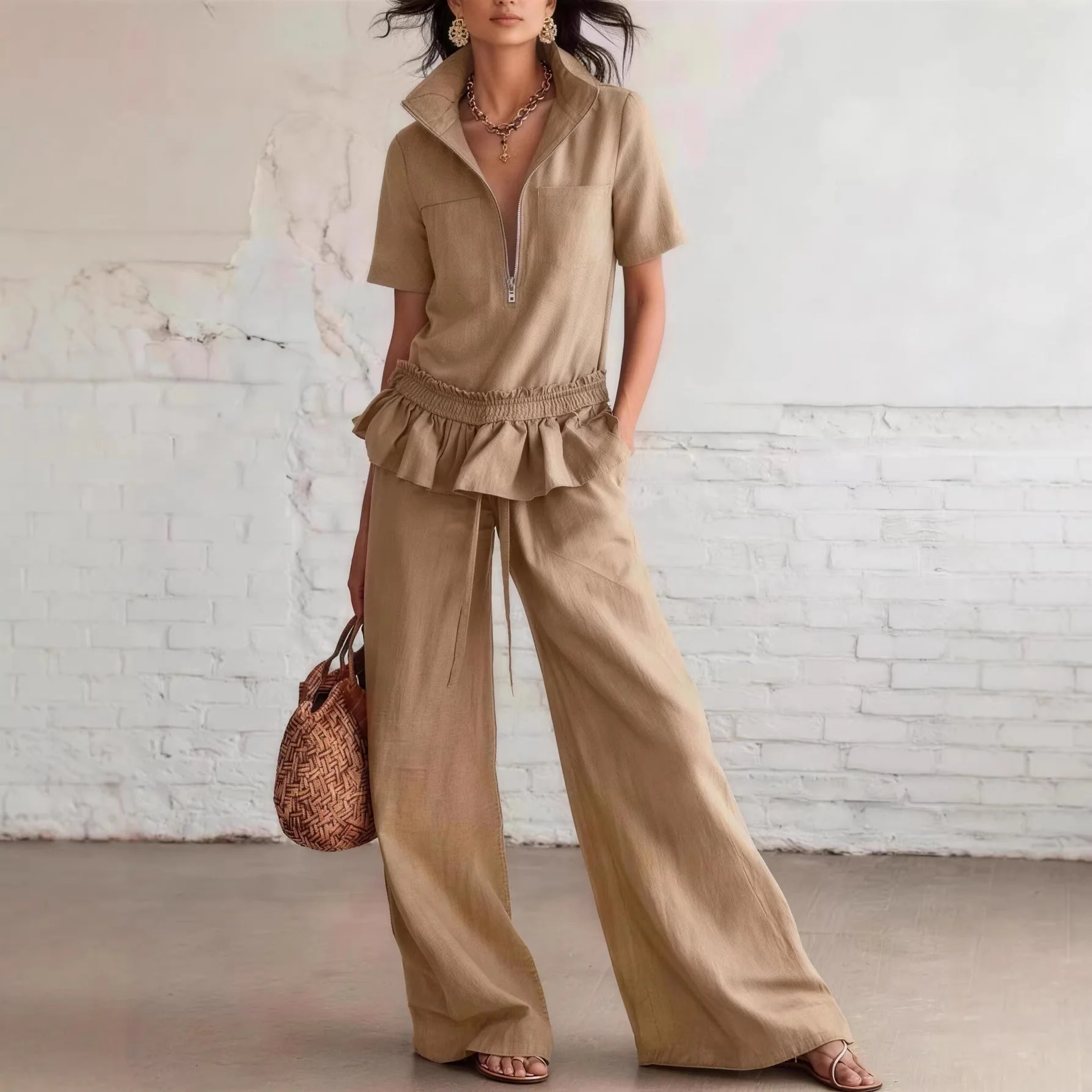 Women's Sleeveless Shirt & Wide-Leg Trousers Set – Solid Color 2-Piece - Image 4