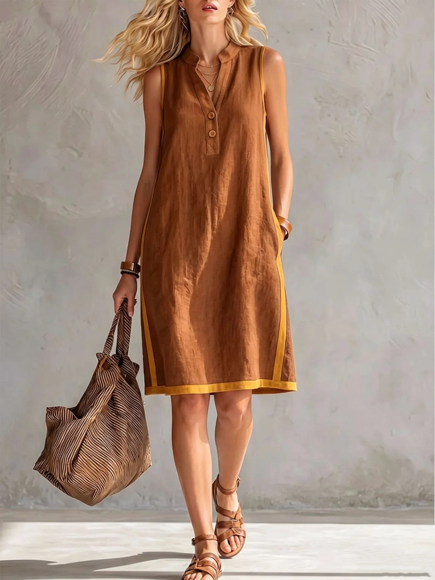 Women's Sleeveless V-Neck Button-Front Pocketed A-Line Midi Dress - Image 5