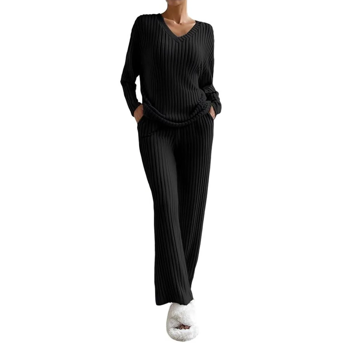 Women's Soft Ribbed Knit Long Sleeve V-Neck Loungewear Set with Pockets - Image 6