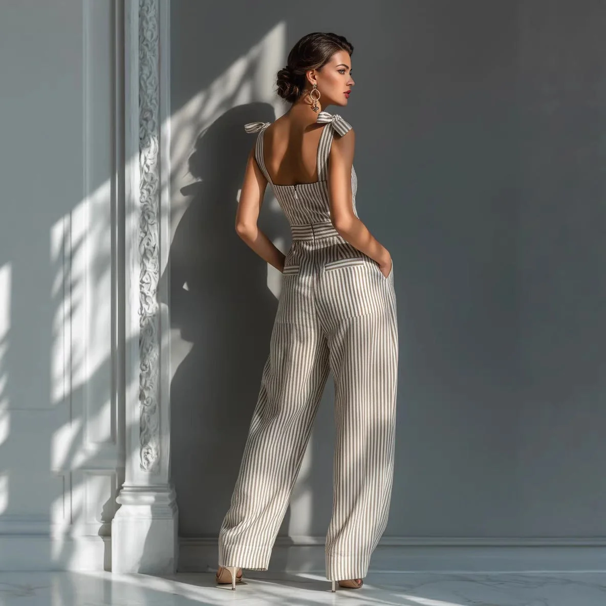 Women's Striped Linen Sleeveless Wide-Leg Jumpsuit - Image 3