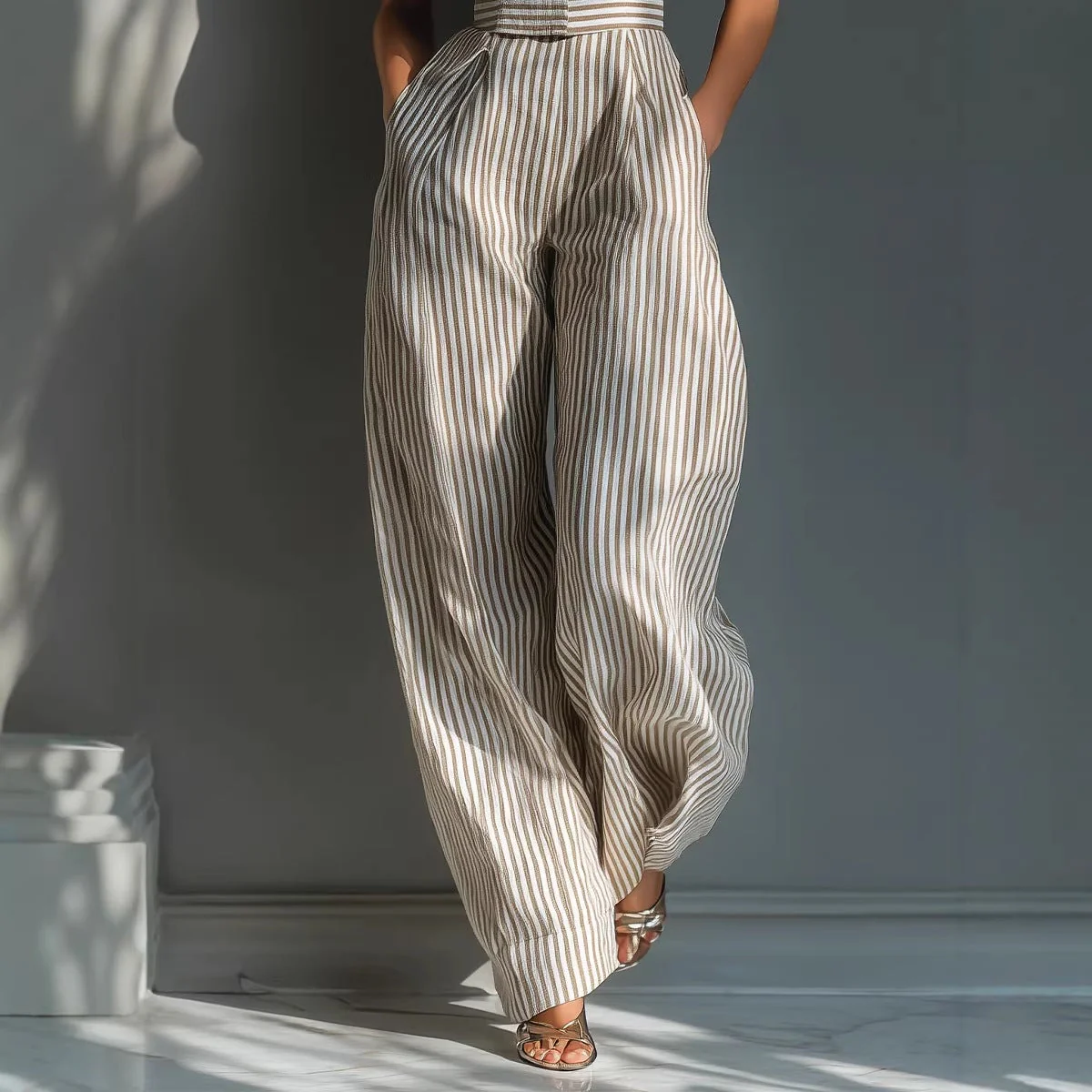 Women's Striped Linen Sleeveless Wide-Leg Jumpsuit - Image 4